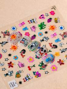 1张街头涂鸦卡通美甲贴纸，包含彩虹、太阳、爱心、花朵、星星、蜜蜂、鬼脸、趣味人物、蜗牛元素，色彩鲜艳，适合打造吸睛、独特、甜美又酷炫的美甲设计。 - 彩色 - 查看 9
