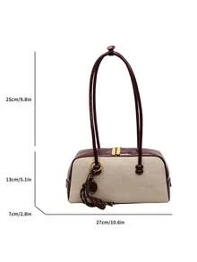 1pc Solid Color Women Underarm Bowling Bag, PU Woven Patchwork Design, Minimalist Chic, Versatile For Daily, Travel, Commute, Comes With Decorative Accessory - Brown - View 9