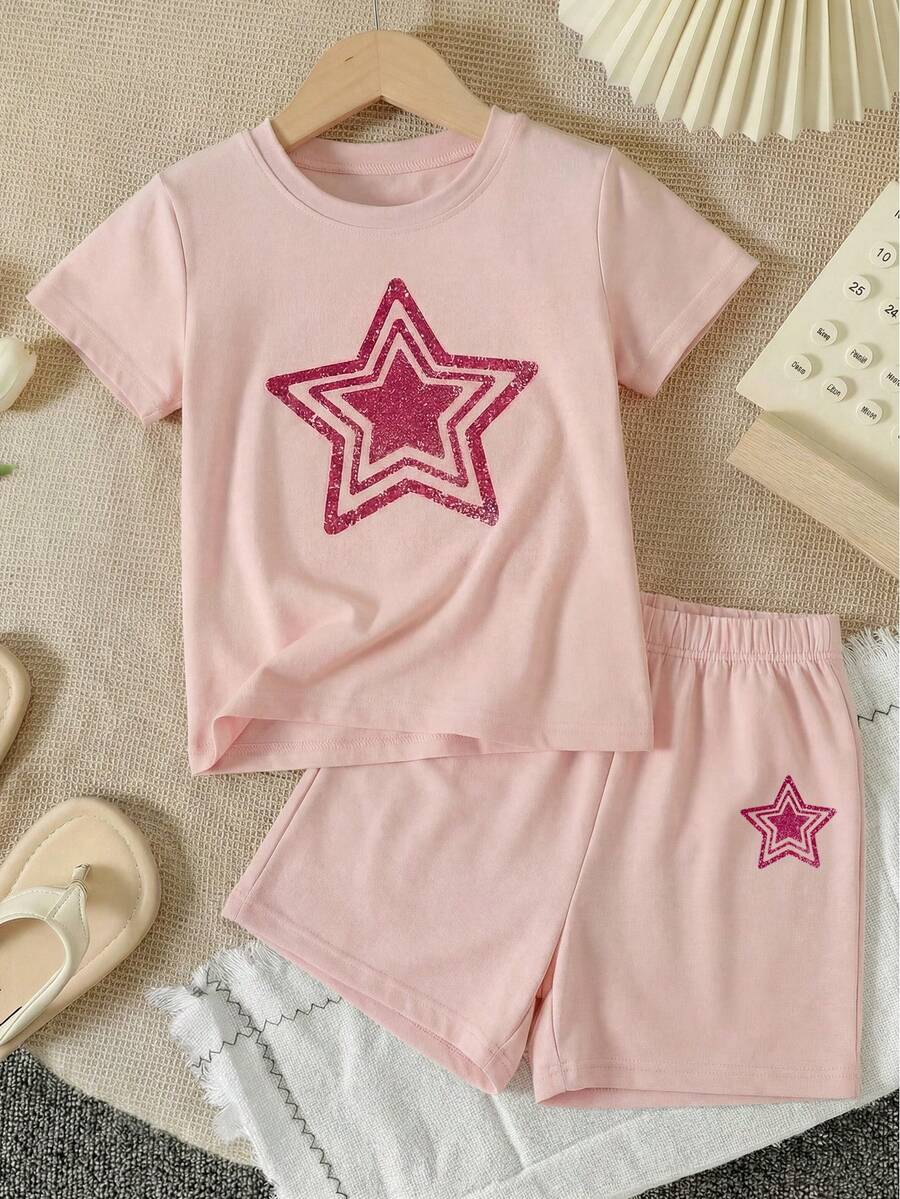 Set de 2 piezas de camiseta de manga corta y pantalones cortos con estampado de estrellas lindo para niñas, verano - Rosa - Ver 1