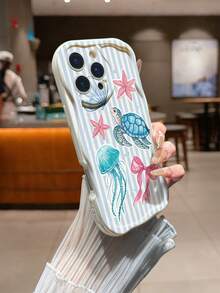 奶油色波浪条纹海洋元素彩绘防摔手机壳，兼容/Galaxy/兼容 - 彩色 - 查看 2