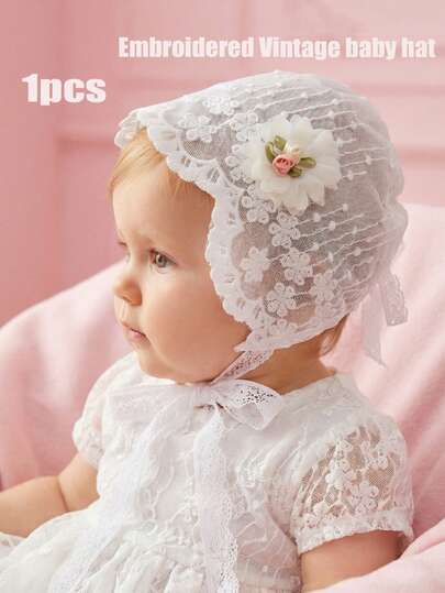 1 pieza Gorro de bebé vintage con bordado de encaje floral y borlas, Beige/Blanco, 0-3M, 3-10M, Sombrero de bautizo y fotografía de herencia, Sombrero suave para recién nacida