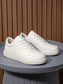 Men's Versatile Minimalist Solid Color Patchwork Low-Top Lace-Up Casual Sneakers, Fashionable Comfortable Round Toe Flat Skateboard Shoes For Teenagers - Beige - View 3