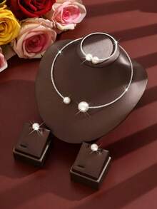 Shiny Gold Faux Pearl Jewelry Set, Elegant Crystal Necklace, Bracelet And Stackable Rings, Suitable For Date Night, Anniversary, Birthday Gift - 1318 Gold - View 8