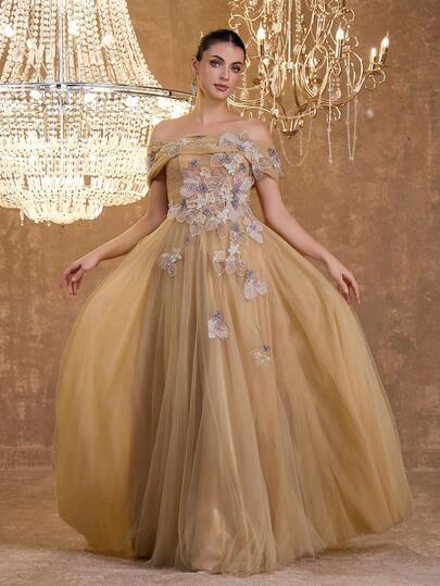 优雅性感露肩褶皱3D花卉装饰网纱A字晚礼服