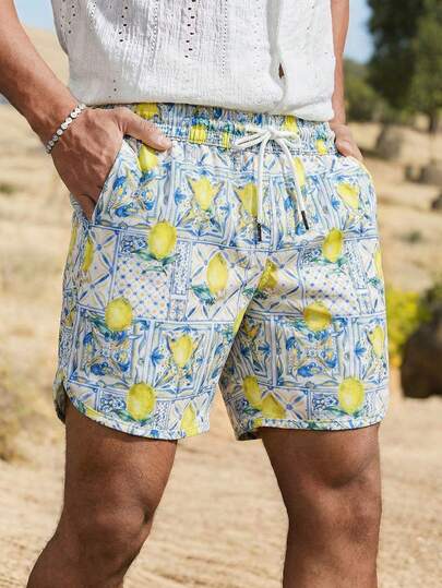 男士抽绳腰带全印花休闲沙滩短裤，春夏款