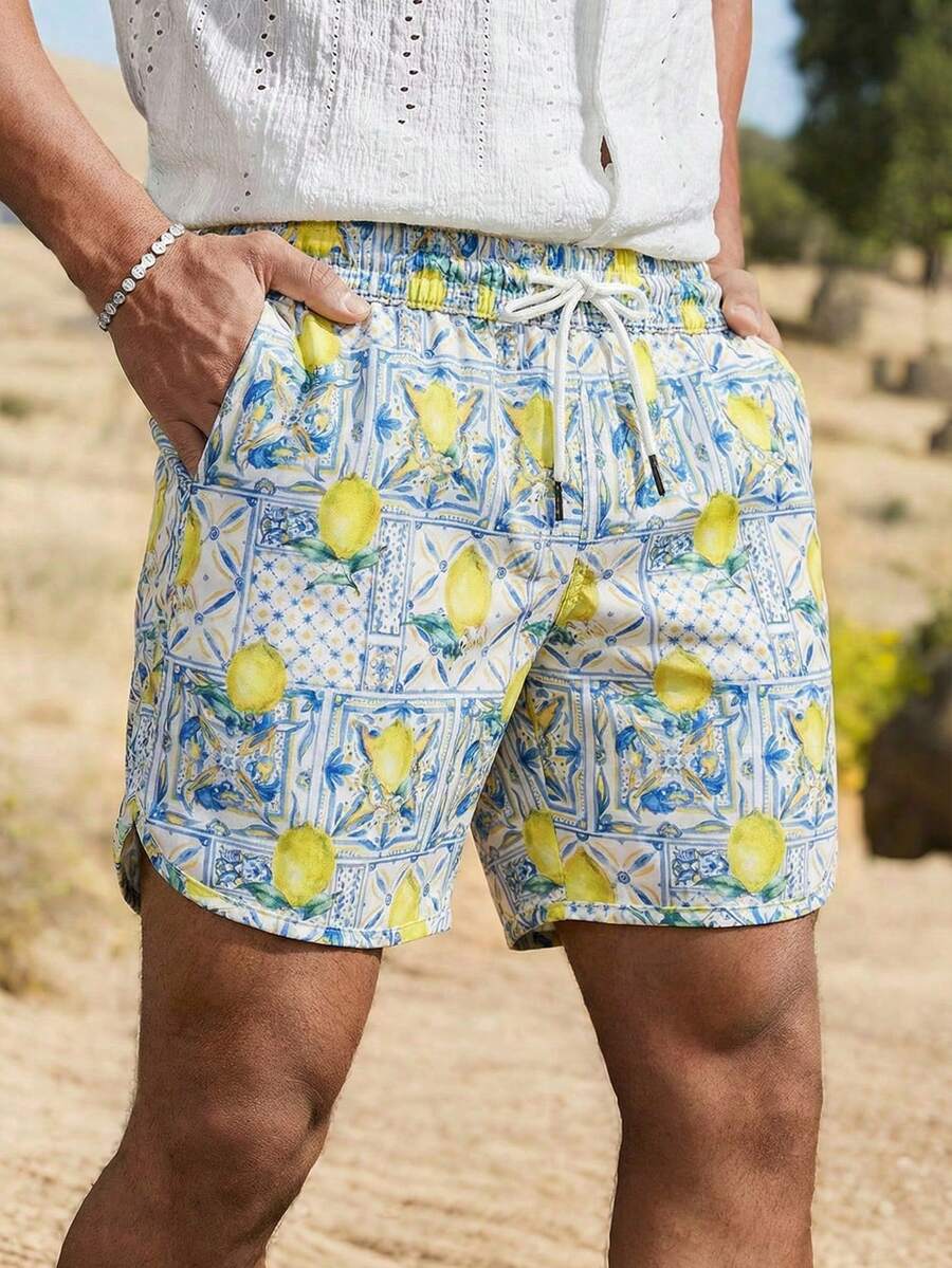 男士抽绳腰带全印花休闲沙滩短裤，春夏款 - 黃色 - 查看 1