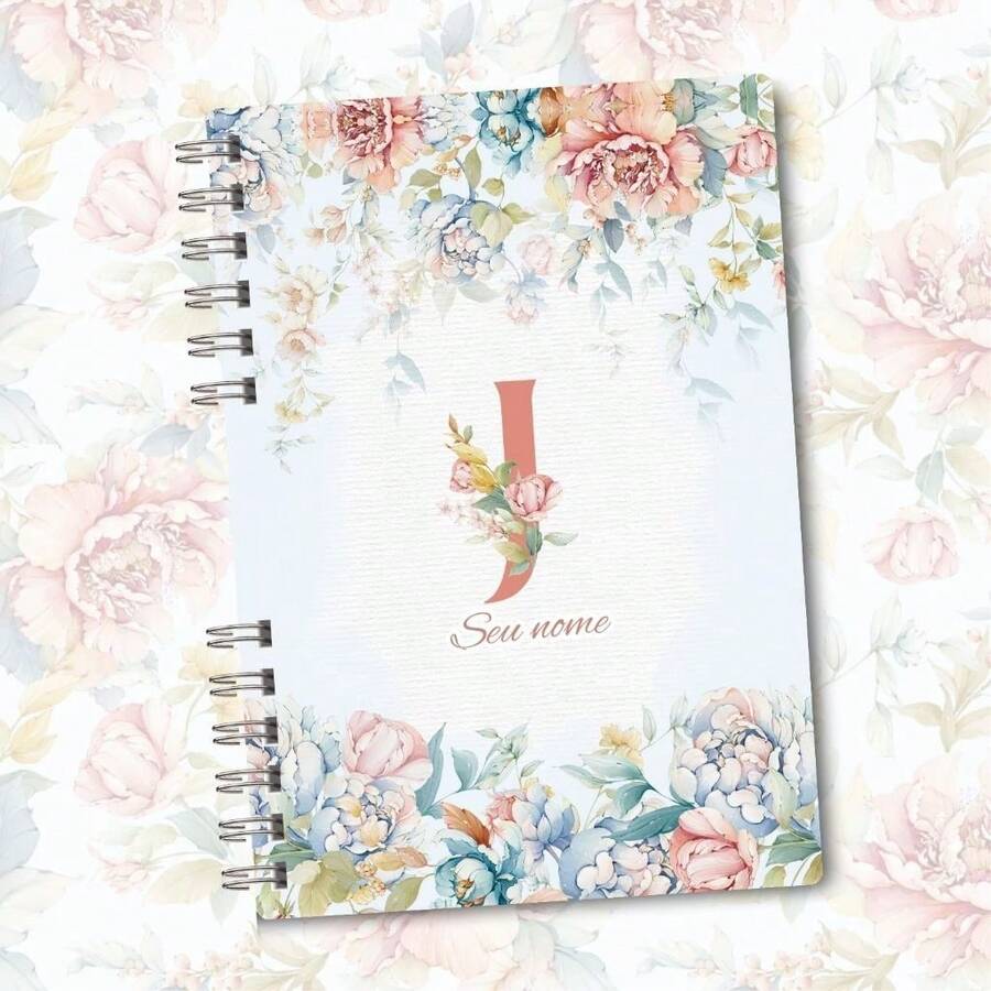 A5 Floral Pink And Blue Notebook Personalized With Initial Of The Alphabet - J - View 1