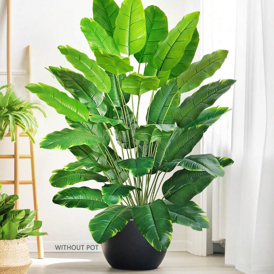 65-90-142cm/55.9in 24 Leaves Large Tropical Palm Tree Artificial Banana Leaves, Realistic Touch, Plastic Phalaenopsis Plant, Suitable For Home Garden - Olive Green - View 1