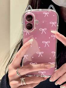 1pc Pink Striped Bow Polka Dot Printed Cat Ear Transparent Airbag Shockproof 1.5mm TPU Soft Case With Hanging Rope Accessory Compatible With IPhone 17/17 Pro/17 Pro Max/ Air/16/16 Pro/16 Plus/16 Pro Max/15 Pro Max/15 Pro/15 Plus/11/12/13/14/15/16E - Multicolor - View 4