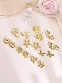 Juego de pendientes vintage dorados de acero inoxidable, joyería con lazo, corazón y diseño geométrico, pendientes de botón hipoalergénicos de declaración para mujer, regalo - (4-8 pares) - Dorado - Ver 3