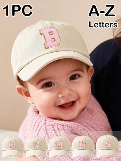 1PC Classic Alphabetes A-Z Pink Letter Baseball Cap For Baby, 0-9 Number Digital Baseball Cap, Cute Beige Baseball Hat For Boys Girls, Infant Toddle Baby First Birthday Baby Shower Decoraiton Gift, Valentines Day Easter Day Summer Beach Gift