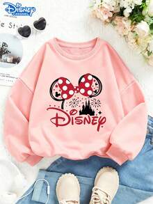 Disney Minnie Mouse "Magic Bow" Pink Pullover Sweatshirt, Adorable Castle & Firework Print, Cozy Crewneck, Durable Fabric, Ideal For Fall & Winter, Cute & Whimsical, Unisex - 粉色 - 查看 1
