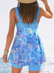 New Fashion Swimsuit With Slit, Two-Piece Swimsuit For Women, Tropical Solid Color Printed Swimsuit - 藍色 - 查看 4