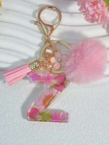 1pc Dried Flower Letter Keychain Resin Pendant Daisy Flower Keyring, Pink Gift With Pom Pom Tassel Charm - Pink - View 17