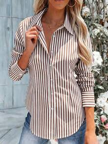 Camisa de mujer de manga larga a rayas con fruncido en la cintura y cuello con botones - Blusa de oficina adecuada para el hogar, uso casual y de negocios, top ligero para todas las estaciones (primavera, verano, otoño, invierno) - Café integral - Ver 4