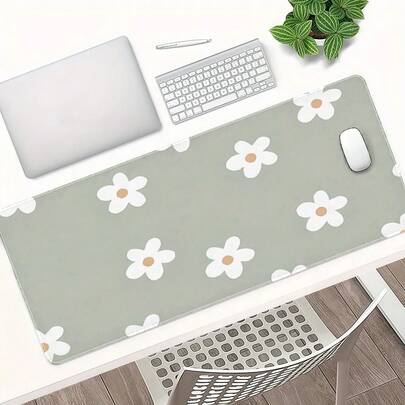 1 pièce Tapis de souris à base vert clair avec petites fleurs blanches, style minimaliste frais et doux. Grand tapis de bureau et de jeu antidérapant pour clavier