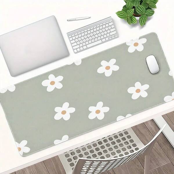 1 pièce Tapis de souris à base vert clair avec petites fleurs blanches, style minimaliste frais et doux. Grand tapis de bureau et de jeu antidérapant pour clavier