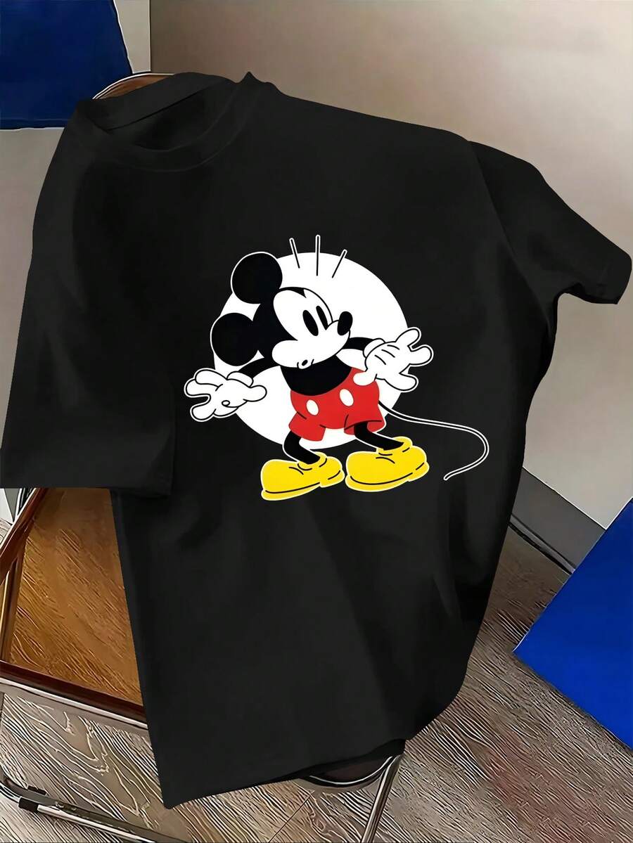 Disney Men's Casual T-Shirt, Featuring Mickey Mouse's Classic Surprised Standing Posture Pattern, With Vivid And Childlike Expressions, Suitable For Young People Who Like A Simple And Casual Style - Black - View 1