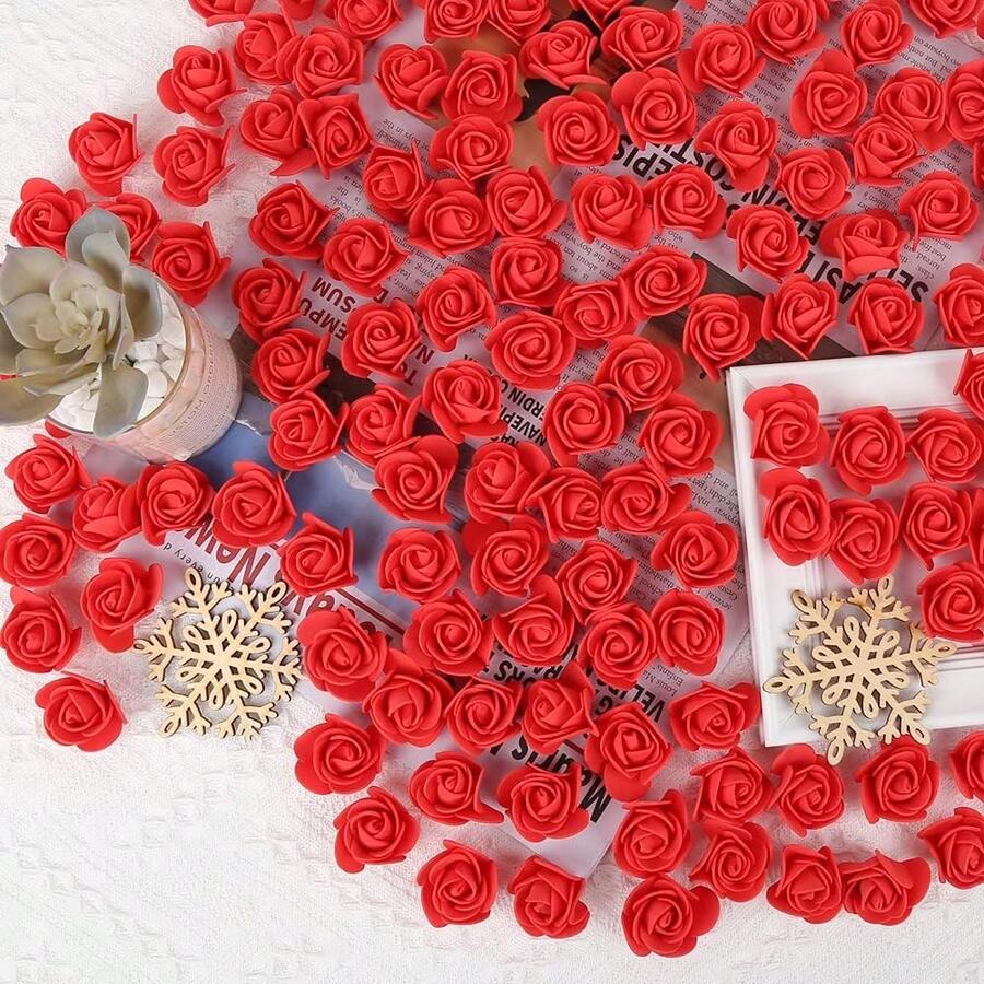 50/100/200/300/400/500个迷你泡沫玫瑰花头，人造花泡沫假花散装，适用于DIY工艺品、婚礼花束、婴儿派对、派对餐桌装饰、家居装饰、情人节礼物 - 紅色 - 查看 1