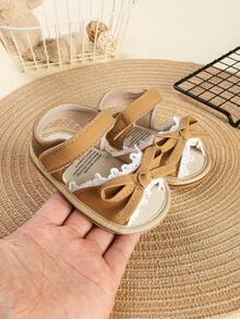 1 Pair Girls' Bow Hook And Loop Design Flat Casual Versatile Princess Style Fashion Sandals, Suitable For Summer - Apricot - View 5
