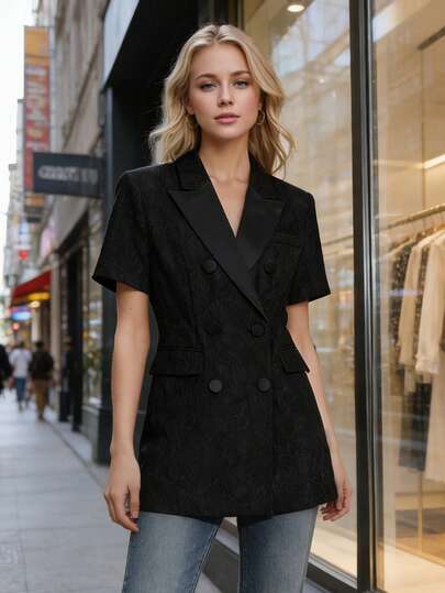 2026春夏新款镂空蕾丝黑色西装外套，双排扣修身优雅女士西装上衣