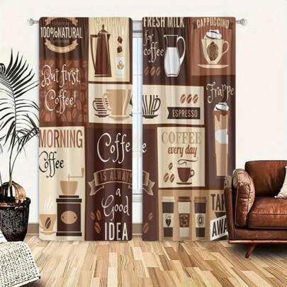 2pcs Brown Coffee Print Light Filtering Curtains - Rod Pocket Design For Easy Hanging, Perfect For Bedroom, Living Room, Office & Home Decor