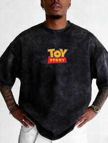 Disney-Toy Story Multi Character Pure Cotton Short Sleeved T-Shirt For Men In Summer Doing Old Water Washed Loose Large Top Bath Lightyear Woody Red Heart Cuisi Vertical Printed Casual Half Sleeve Parent Child Wear - 黑色 - 查看 2