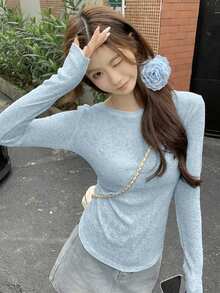 女士修身圆领T恤，防晒，韩版，春夏款 - 淺藍色 - 查看 4