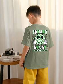 【圣帕特里克节】青少年男童学生休闲印花圆领短袖T恤，夏季上衣 - 橄欖綠 - 查看 2