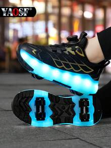 YAOSF Zapatos con ruedas para niños/adolescentes - Versión mejorada con mayor estabilidad, zapatos deportivos 2 en 1 desmontables, zapatos de patinaje sobre ruedas geniales para la calle, zapatos deportivos luminosos para exteriores, zapatos para padres e hijos, nuevos patines en línea, zapatos con luces para la noche, zapatos con ruedas recargables por USB, zapatos con ruedas y luces LED, zapatos deportivos con suela con luces LED para niños/niñas, estudiantes, zapatos con ruedas para deportes al aire libre - Negro - Ver 8