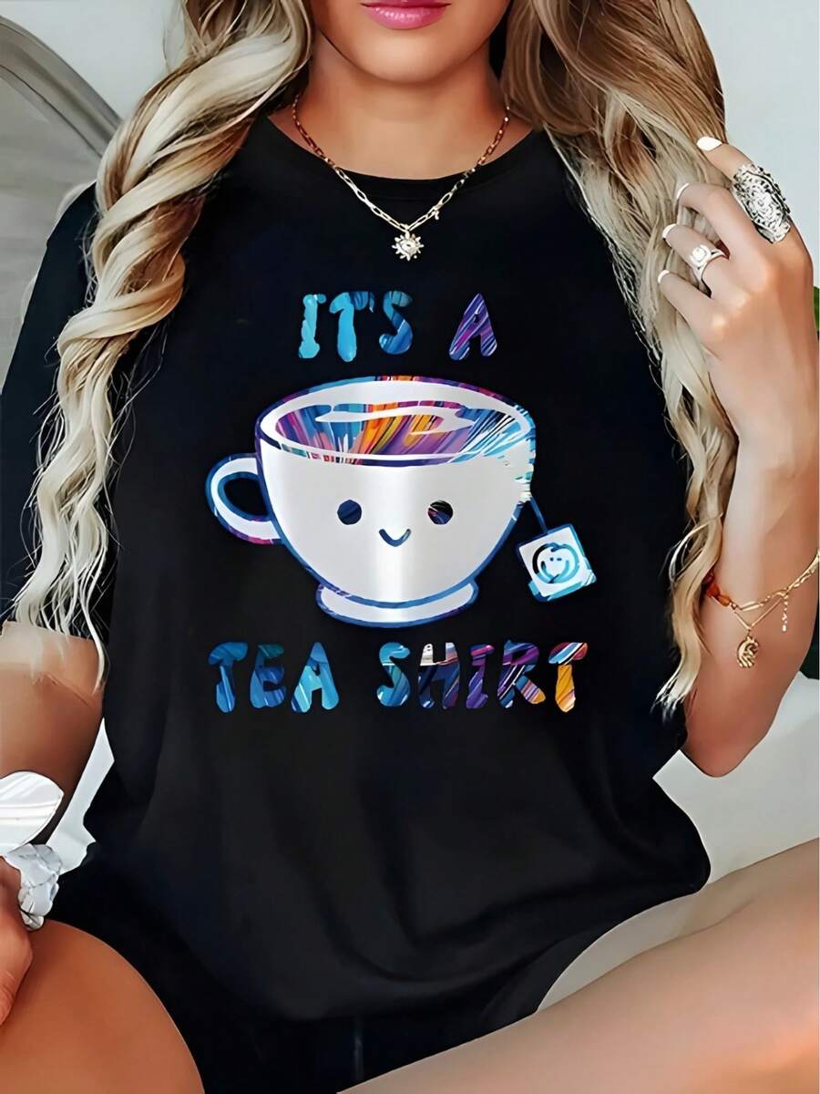 Camiseta Divertida para Mujer con Diseño de Taza de Té Sonriente Ideal para Look Casual y Moderno - Negro - Ver 1