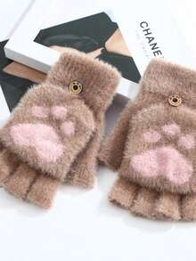 1双女士可折叠露指手套，可爱俏皮的卡通风格，半针织羊毛手套，带保暖内衬，适合学生冬季保暖 - 彩色 - 查看 6