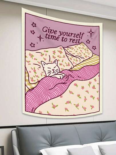 Tapiz de gato rosa con estilo - Con la cita "Date tiempo para descansar", este cálido tapiz a rayas florales está hecho de poliéster resistente a la decoloración. Adecuado para dormitorios, salas de estar y dormitorios, esta decoración interior con temática de gatos es una opción perfecta.