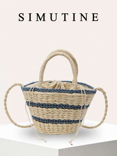 SIMUTINE New Fashion Straw Handbag For Women, Beach Vacation Style Woven Tote Bag, Contrast Striped Drawstring Basket Bag, Straw Material, Suitable For Daily Use, Shopping, Travel, Work, University