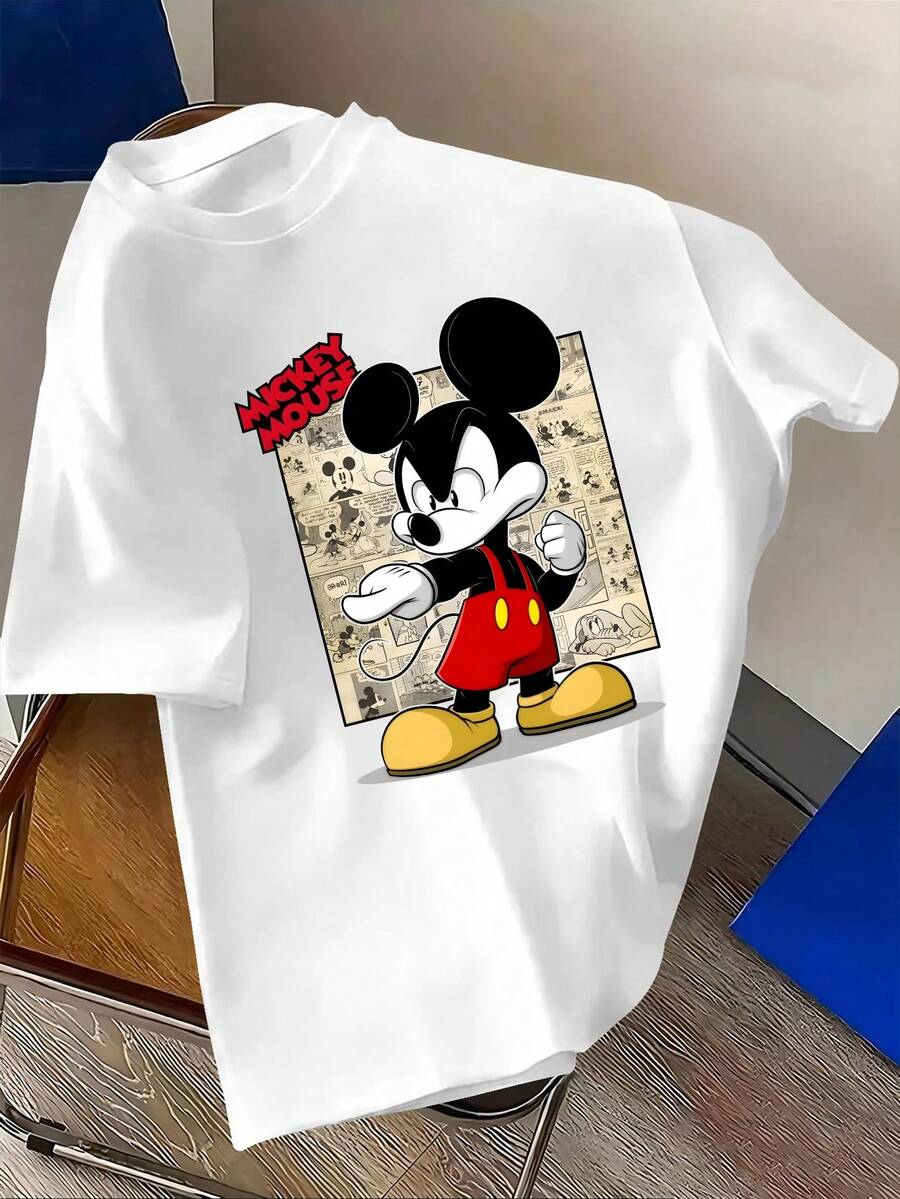 Disney Men's Casual T-Shirt, Retro Comic Newspaper With Mickey Mouse Pattern, Makes The Overall Design Both Recognizable And Fashionable, Suitable For Young People Who Like American Retro Style - White - View 1