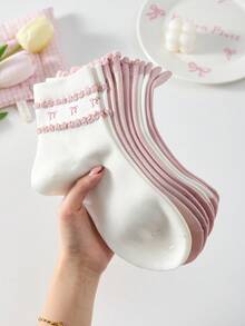 4 Pairs Soft & Comfortable Lace Ruffle Floral Bow Decor Ballet Style Mid-Calf Socks, Random Colors, Suitable For All Seasons - Multicolor - View 9