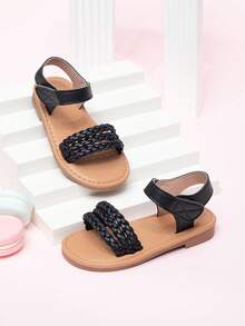 1 Pair Summer Party & Wedding Cute Striped Woven Hook And Loop Princess Style Lace Flat Sandals For Toddler Girls - Black - View 1