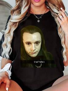 Twilight Saga Aro Meme Vampire & Edward Cullen FaceT-Shirt For Womens, 2026 New Cotton Shirt For Band/Anime/Graphic/Text, Casual Retro Elegant Commute Versatile Outfit, Comfortable Loose Fit Crew Neck Short Sleeve Top For Women, Suitable For All Season, Gift For Birthday/Valentine'S Day/Holiday/Fans, Machine Washable - Versatile Tee For Everyday & Special Occasions - 黑色 - 查看 1