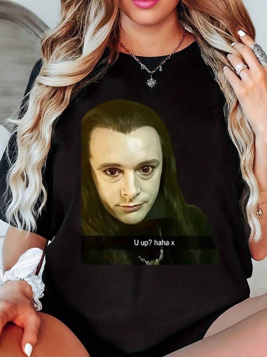 Twilight Saga Aro Meme Vampire & Edward Cullen FaceT-Shirt For Womens, 2026 New Cotton Shirt For Band/Anime/Graphic/Text, Casual Retro Elegant Commute Versatile Outfit, Comfortable Loose Fit Crew Neck Short Sleeve Top For Women, Suitable For All Season, Gift For Birthday/Valentine'S Day/Holiday/Fans, Machine Washable - Versatile Tee For Everyday & Special Occasions - 黑色 - 查看 1