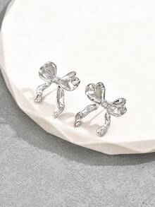 1对简约蝴蝶结耳环，时尚设计耳环，优雅女士耳环 - 銀色 - 查看 1