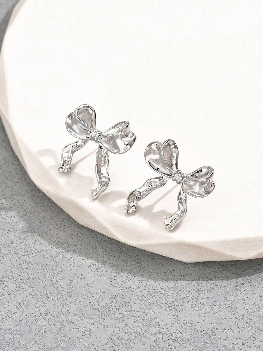 1对简约蝴蝶结耳环，时尚设计耳环，优雅女士耳环 - 銀色 - 查看 1