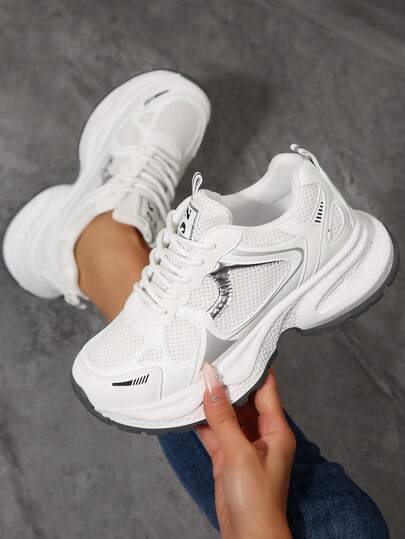 Zapatillas deportivas de mujer para primavera/otoño, nuevas zapatillas deportivas gruesas, zapatos casuales con plataforma de malla transpirable, de boca poco profunda, con cuña, ligeros y versátiles, de moda casual con cordones, blanco y gris, blanco y azul