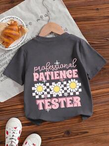 女童休闲印花圆领短袖T恤，夏季上衣 - 深灰色 - 查看 5