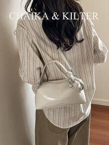 CHAIKA & KILTER 1 件装纯色亮面 PU 皮革手提包，女士休闲时尚托特水桶包，波士顿枕形包，字母金属装饰，顶部拉链封口，可拆卸可调节肩带，适合日常购物 - 白色 - 查看 10