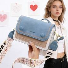 Simple Embroidered Square Shoulder Bag, Stylish Colorblock Shoulder Bag, Women's All-Match Crossbody Bag With Wide Strap Women's Vintage Handbag -Bolsos De Mujer Elegantes,Tote Bag, Shoulder Bags For Women,Handbag,Crossbody Bag,Purses Shoulder Bag,Crossbody Purse,Travel Bags - 淺藍色 - 查看 1