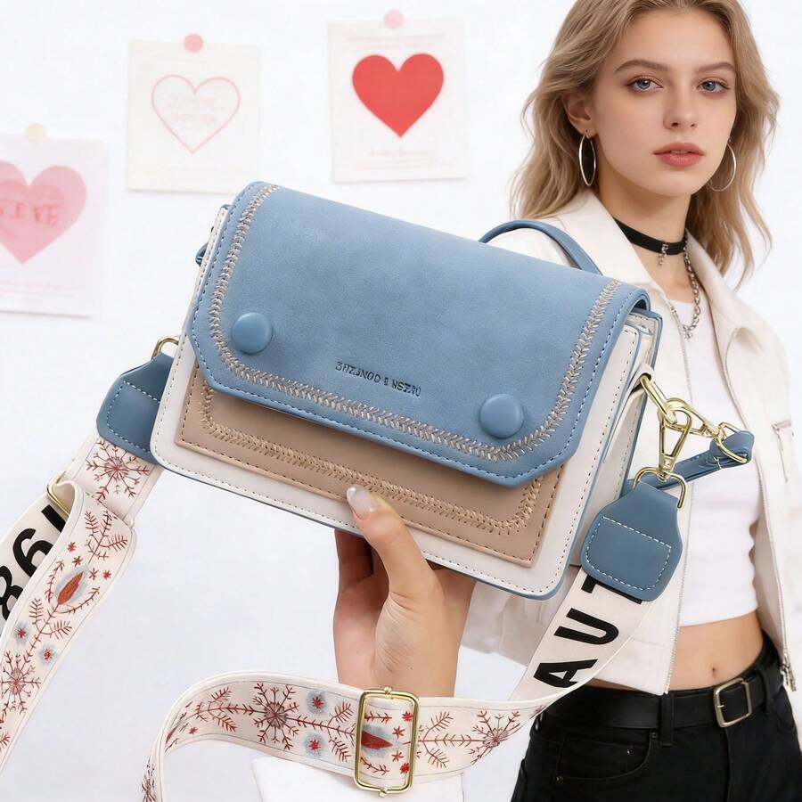 Simple Embroidered Square Shoulder Bag, Stylish Colorblock Shoulder Bag, Women's All-Match Crossbody Bag With Wide Strap Women's Vintage Handbag -Bolsos De Mujer Elegantes,Tote Bag, Shoulder Bags For Women,Handbag,Crossbody Bag,Purses Shoulder Bag,Crossbody Purse,Travel Bags - 淺藍色 - 查看 1