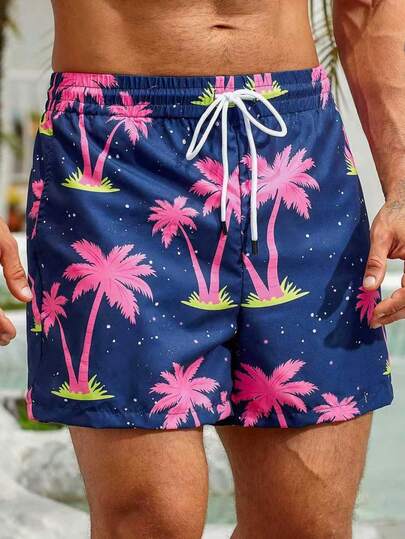 Quần short đi biển nam kiểu dáng nghỉ dưỡng in hình cây cọ, có dây rút, thích hợp mặc hàng ngày, phù hợp cho mùa hè. Quần bơi nam in hình cây cọ, phong cách Hawaii.
