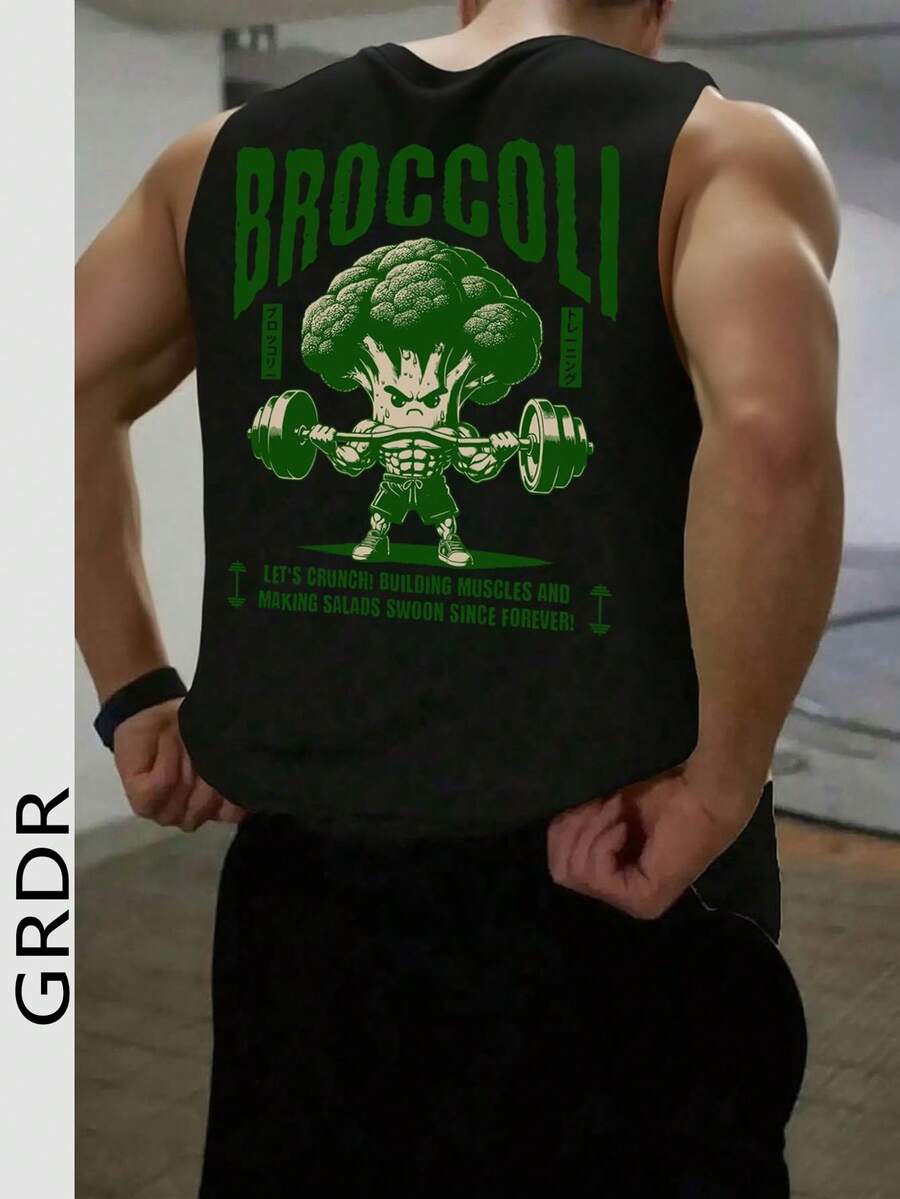 GRDR Men's Summer Broccoli & Dumbbell Print Casual Round Neck Tank Top - Black - View 1