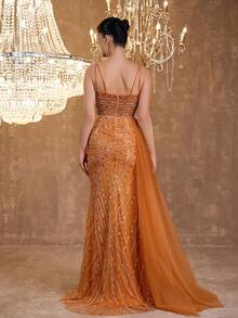 Elegant Sexy Mermaid Lace Trim Strapless Sequin Beaded Bodycon Maxi Dress - Orange - View 3