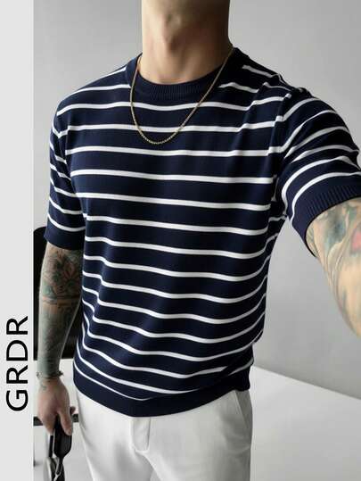  GRDR Men's Minimalist Striped Basic Crew Neck Knit Short Sleeve Sweater